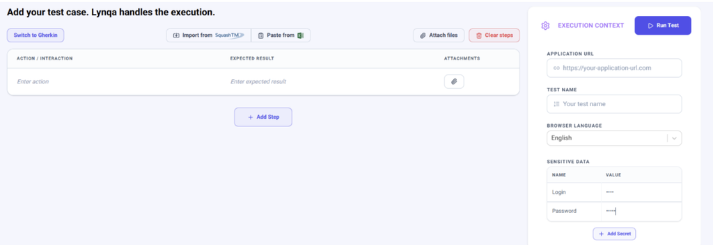 Sensitive data is provided separately from the test case and masked in Lynqa